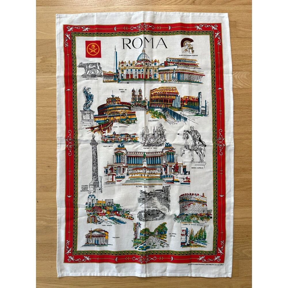 Roma Italy Souvenir Tea Towel Cotton Landmarks Colosseum Vatican Map Decor